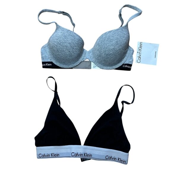 NWT CALVIN KLEIN Padded Grey Knit Bra Size 34B + Free Black Bra Size Small - Picture 1 of 9